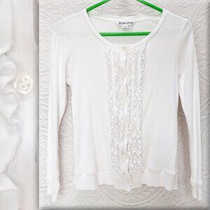 Snow White Ribbed Long Sleeved Shirt W/ Ruffled Front & Buttons Size S (T-380)